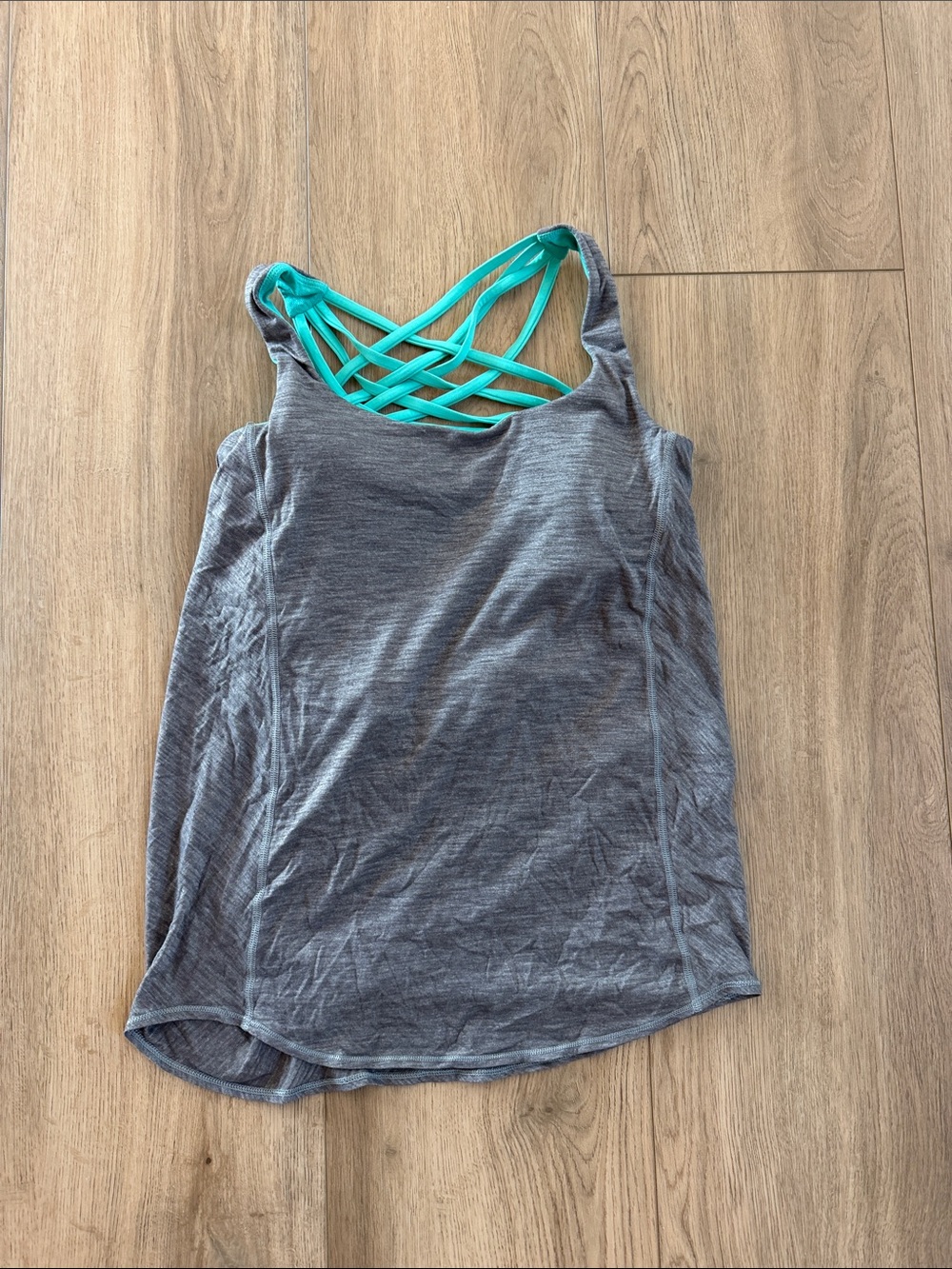 Women’s lulu Grey Tank Top with Teal Strappy Back built-in bra